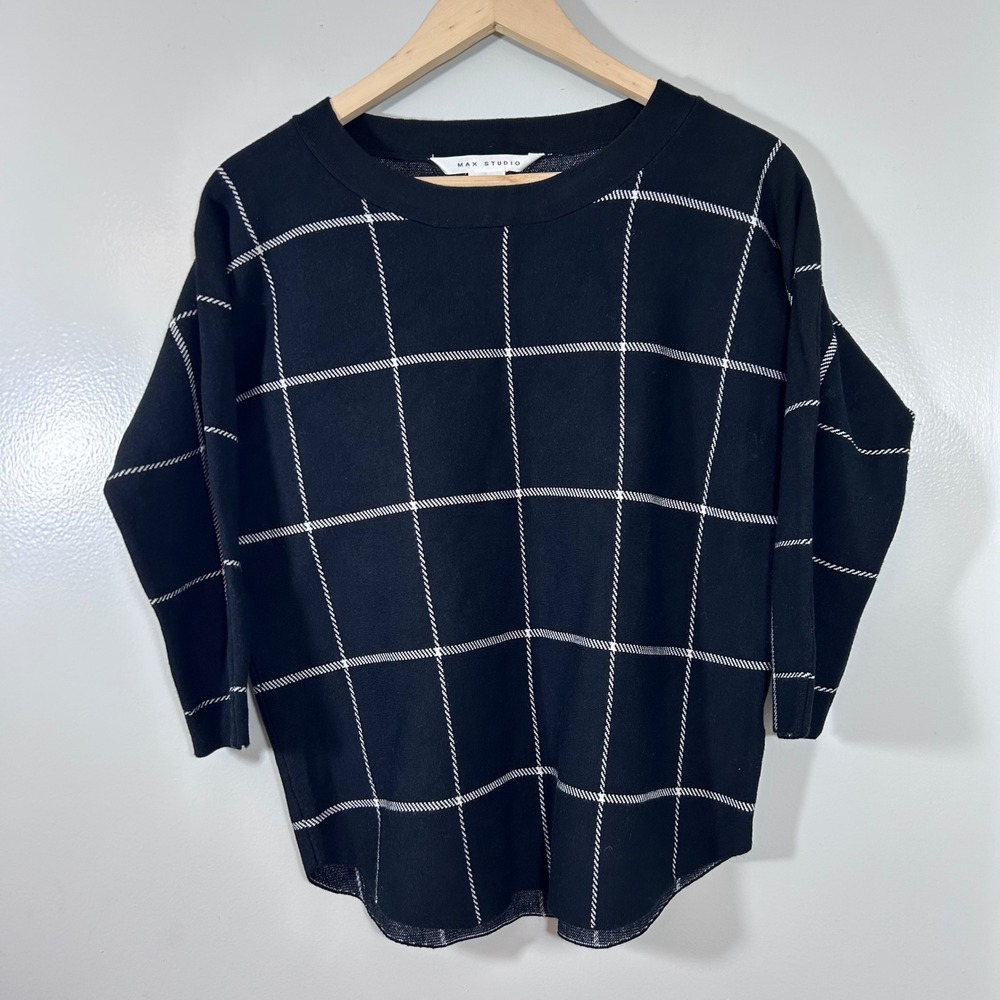 Max Studio Black White Windowpane Plaid Knit Top 3/4 Sleeve Crew Neck Medium
